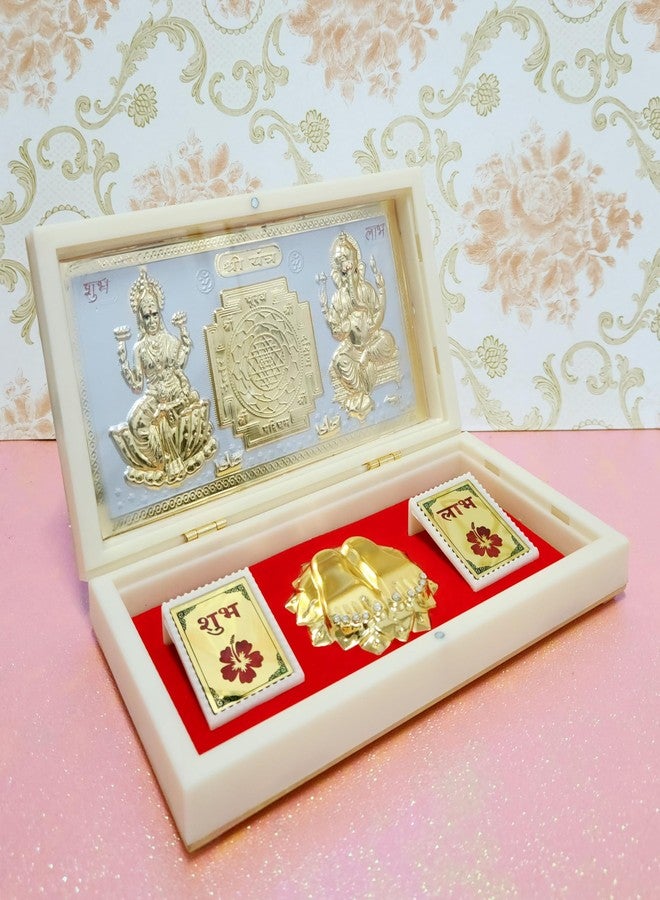 ARNAVIRA Gold Photo Frame With Charan Paduka Pocket Temple For Diwali Gift, House Warming Gifts Return Gift Puja Box (Lakshmi Ganpati (Yantra), Golden White, Large) - Image 1